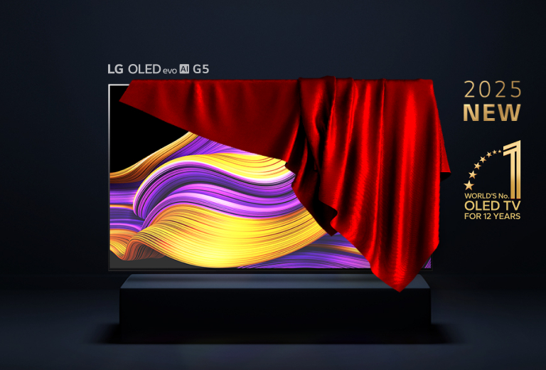 LG OLED evo AI G5 65-inch TV displayed with red vail half way covering the TV featuring the logos with texts '2025 NEW OLED TV', 'World's No.1 OLED TV for 12 years', 'Bright Room Ready', 'CES Innovation Awards 2025 Best of Innovation'. The background is sleek and modern, emphasizing the advanced technology of the OLED TV.