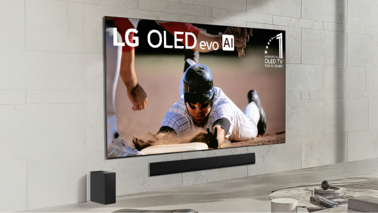 An LG OLED TV appears in a living room setting with a soundbar beneath it. The TV infill shows a badge reading “World’s No. 1 OLED TV for 12 Years”.
