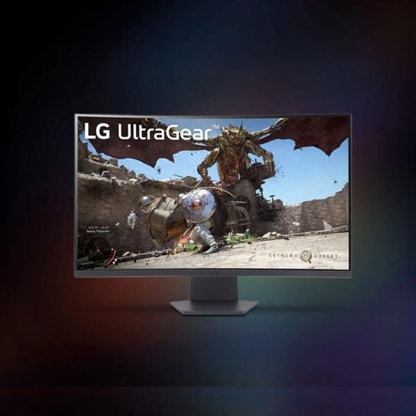 The 32 Inch UltraGear™ QHD Monitor with a video game on the screen sits against a dark background.