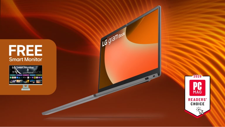 LG gram Book on orange background. Pop-out with smart monitor and text “FREE smart monitor. “2025 PC Mag Readers’ Choice” badge. 