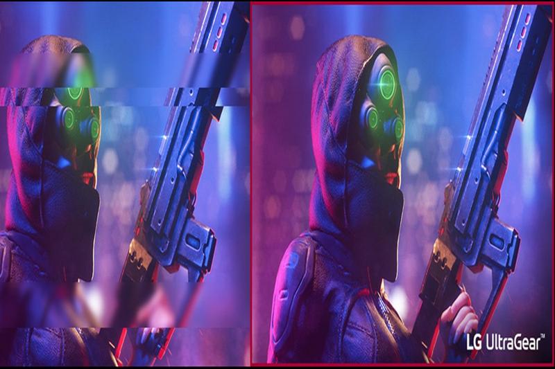 A split image showing a distorted left panel and a clear right panel of a figure in a hood with a large gun, set against a cityscape. The right panel includes "LG UltraGear" branding.