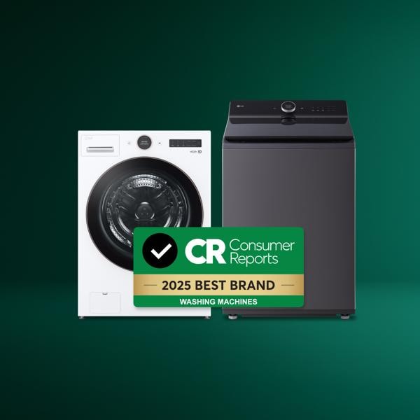 An LG front load washing machine and top load washing machine on a green gradient background with a badge that says “Consumer Reports 2025 Best Brand Washing Machines.”