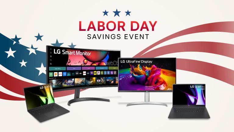 “Labor Day Savings Event” title badge. Various LG laptops and monitors appear on a stars and stripes background. 