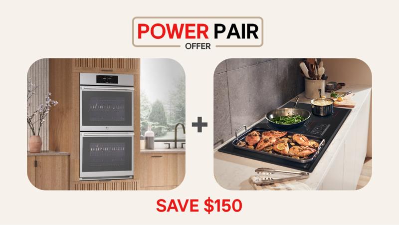 “Cooking Power Pair Offer” title badge. A double wall oven appears next to various items on a cooktop. “Save $150” text below.