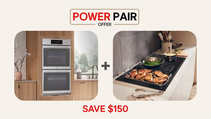 “Cooking Power Pair Offer” title badge. A double wall oven appears next to various items on a cooktop. “Save $150” text below.
