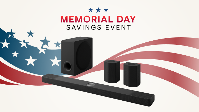 LG Sound Bar displaying with American Flag designed background with "Memorial Day Saving Event".
