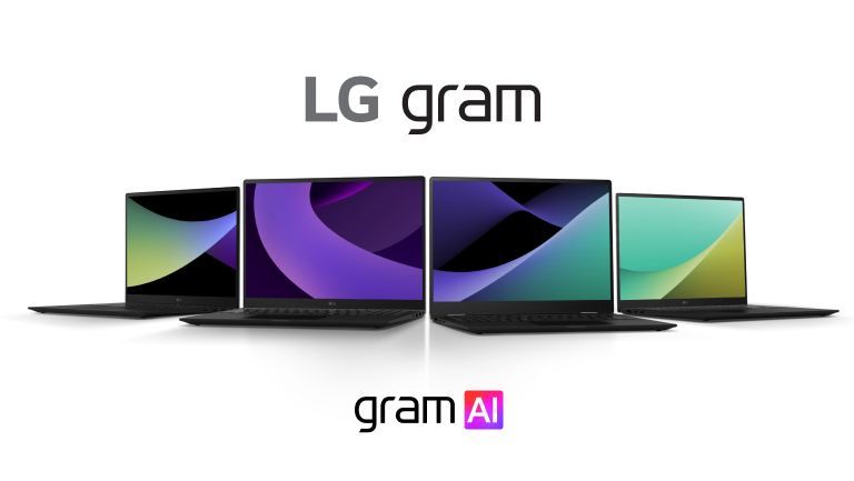 4 LG gram laptops are displayed in semi-circle facing forward in a white background. Emphasizing the power of AI and ultra-light features.