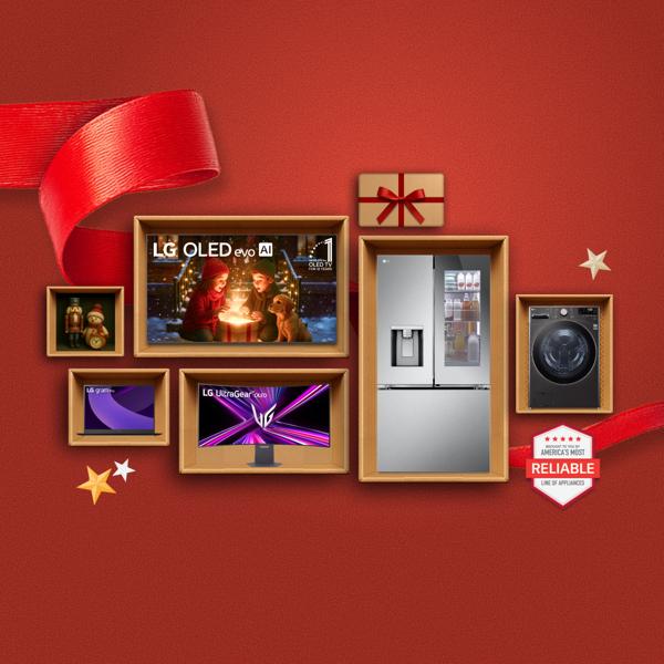 Various appliances, TVs, electronics and holiday-themed items appear in a gift box collage layout. “America’s Most Reliable Line of Home Appliances” badge.