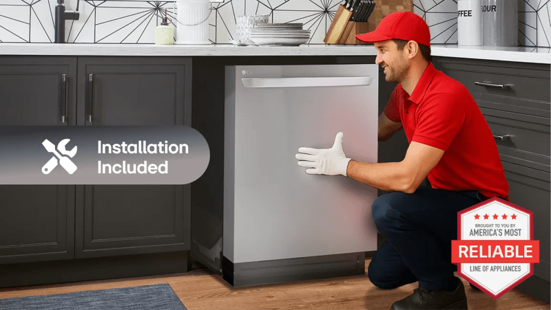 “America’s Most Reliable Line of Home Appliances” badge. Man installs dishwasher in kitchen setting. “Installation Included” text. 