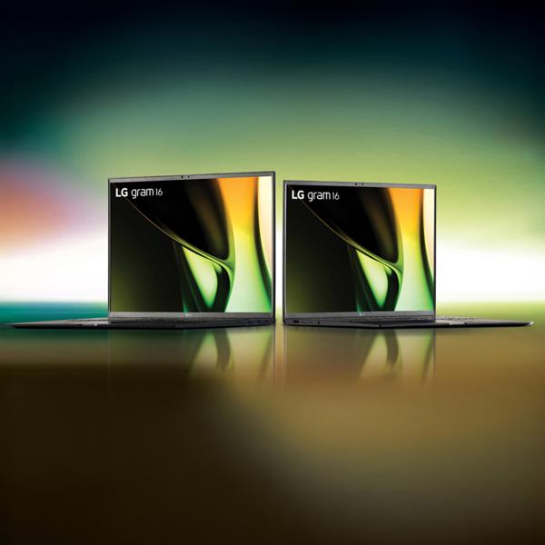2 LG gram laptops against color backdrop.