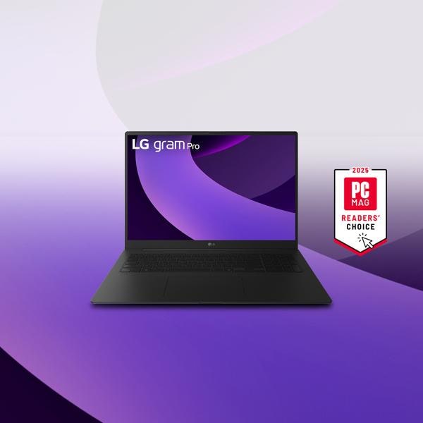 An LG gram Pro laptop appears on a purple background. “2025 PC Mag Readers’ Choice” badge.