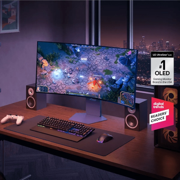 “Spring Savings” title badge. An LG Monitor displays a vivid gaming scene on a neat desktop. “#1 OLED Gaming Monitor Brand in the USA” “Digital Trends Readers’ Choice” badge.