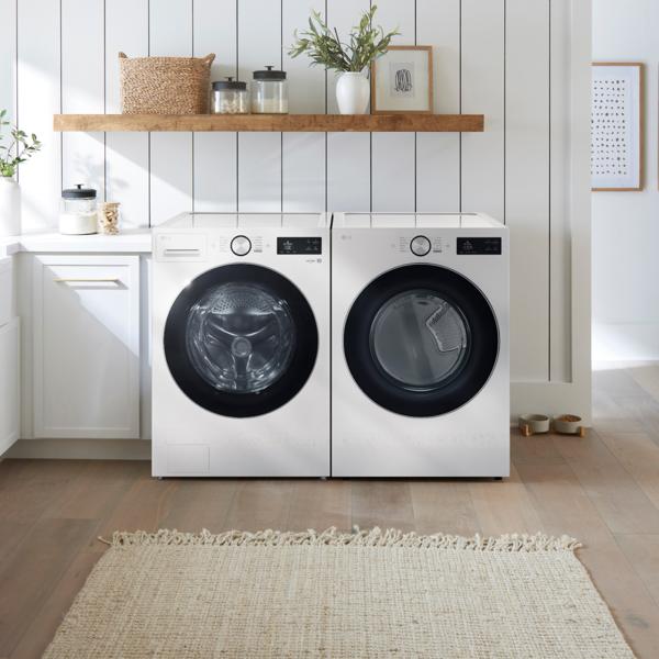 An LG Washer and Dryer pair appear in a sunny laundry room setting. 