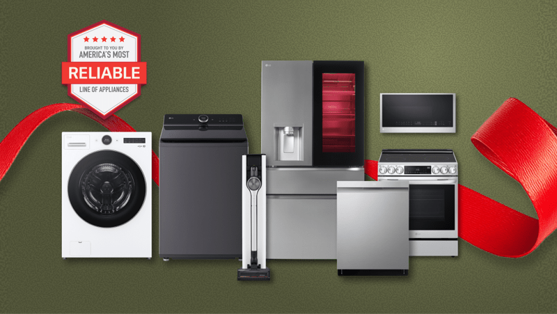 “It’s Gift Season” tag. Various LG home appliances appear in a gift box collage layout.  “America’s Most Reliable Line of Home Appliances” badge.