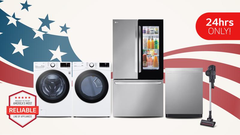 A group of LG home appliances in front of graphic of American Flag. “Labor Day Savings Event” badge appears above. 
