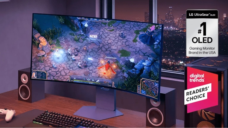 An LG Monitor displays a vivid gaming scene on a neat desktop. “#1 OLED Gaming Monitor Brand in the USA” “Digital Trends Readers’ Choice” badge.