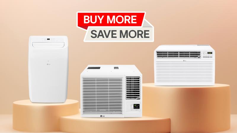 “Buy More, Save More” title badge. A group of LG air conditioners on a gold background. 
