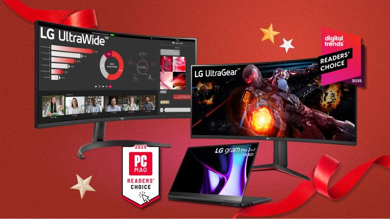 LG Monitors and gram laptop appear side-by-side. “Digital Trends Readers’ Choice Best Monitor Brand 2025” and “PC MAG Readers’ Choice Top Laptop Brand for 2025” badges.