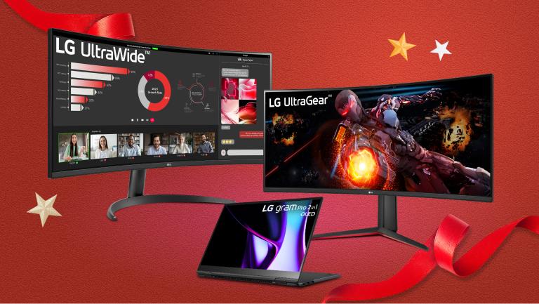 LG Monitors and gram laptop appear side-by-side.