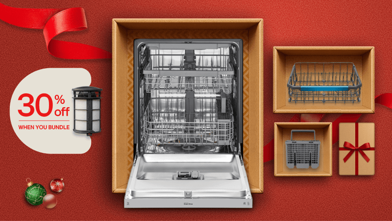 A stainless steel LG dishwasher sits open at the center of a holiday-themed layout. Gift boxes, dishwasher racks, and accessories are arranged around it on a red background with ribbon accents. A circular label highlights “30% off when you bundle.”
