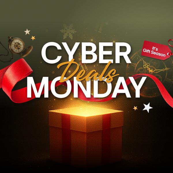 “Cyber Monday Deals” title text. “It’s Gift Season” tag. A golden glow emits from an open gift box.