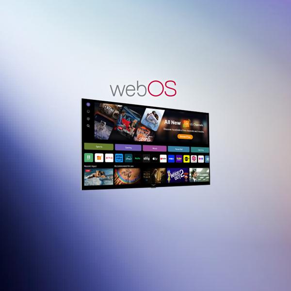 “webOS” title badge. webOS interface appears on an LG TV.