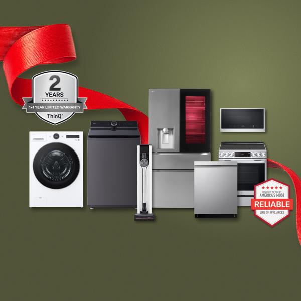 “It’s Gift Season” tag. Various LG appliances and holiday-themed items appear in a gift box collage layout.  “America’s Most Reliable Line of Home Appliances” badge. “ThinQ 2 Years 1+1 Year Limited Warranty” badge.
