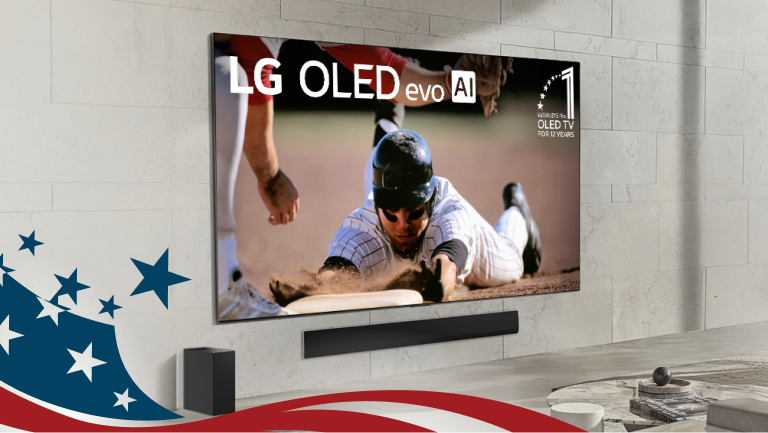 An LG OLED TV appears in a living room setting with a soundbar beneath it. The TV infill shows a badge reading “World’s No. 1 OLED TV for 12 Years”. 