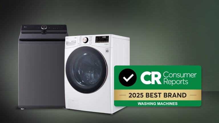 Two LG washers next to a Consumer Reports 2025 Best Brand badge
