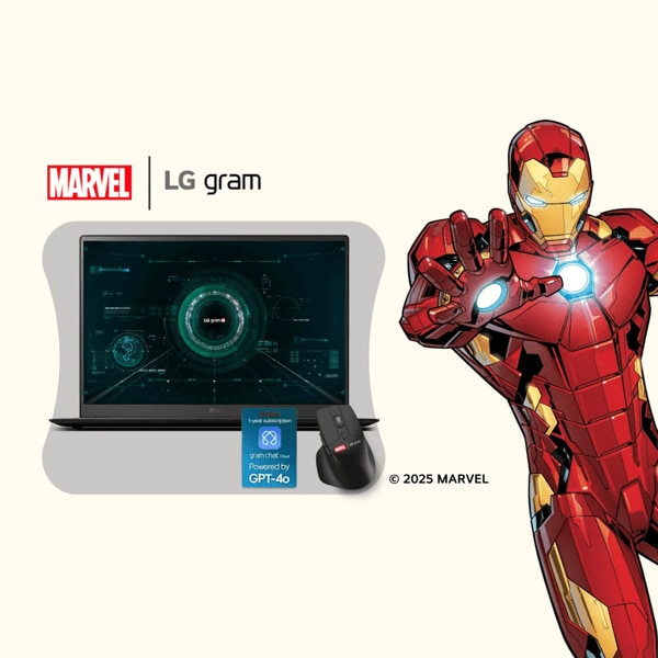 LG gram AI laptop and mouse with Marvel and LG gram logos. “1-year subscription gram chat Cloud Powered by GPT-4o” badge. Iron Man illustration appears beside laptop. Copyright Marvel 2025.