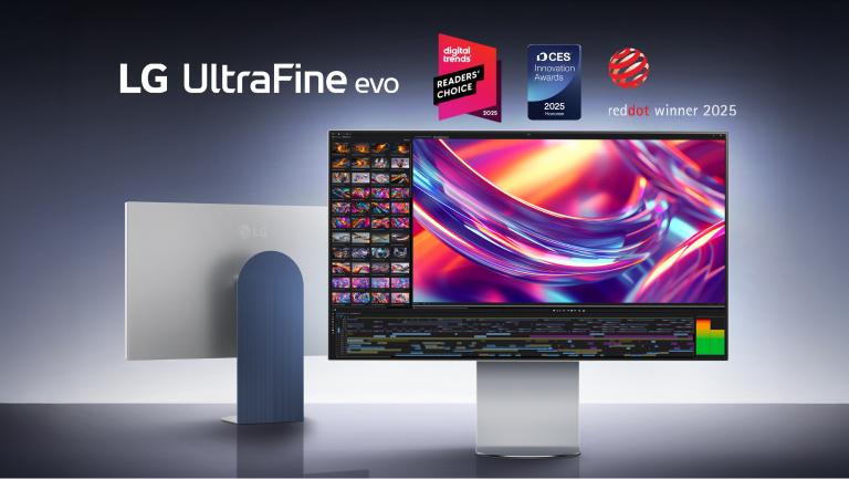“LG UltraFine evo” title badge. A back and front profile of the monitor on a silver background. “Digital Trends Readers’ Choice 2025” badge. “CES Innovation Awards 2025” badge. Reddot winner 2025” badge.