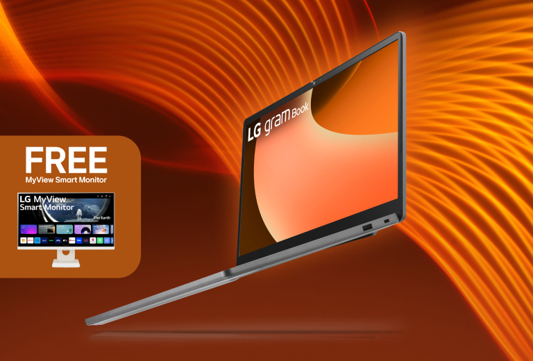 LG gram Book is displayed with wavy orange color background with FREE MyView Smart Monitor on the side.