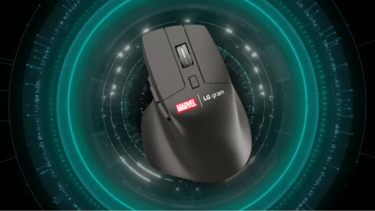 Computer mouse with Marvel and LG gram logos.