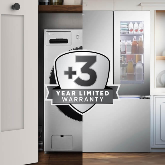 3+ years limited warranty badge, refrigerator behind badge
