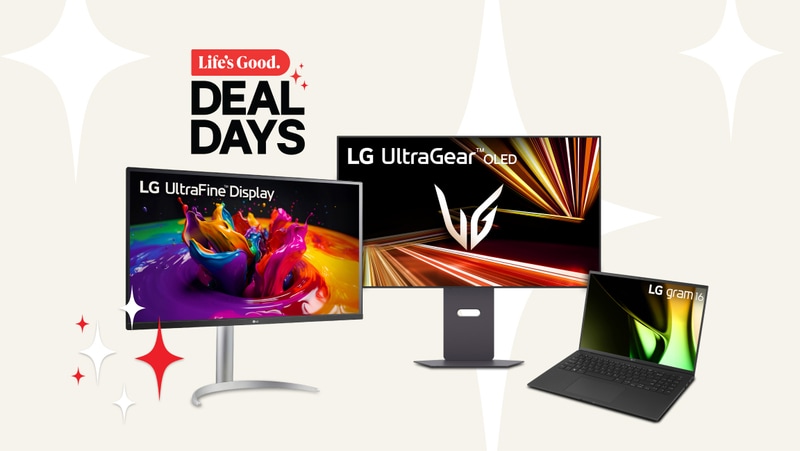 “Life’s Good Deal Days” title badge. A group of LG monitors and laptops appear on a tan background. 