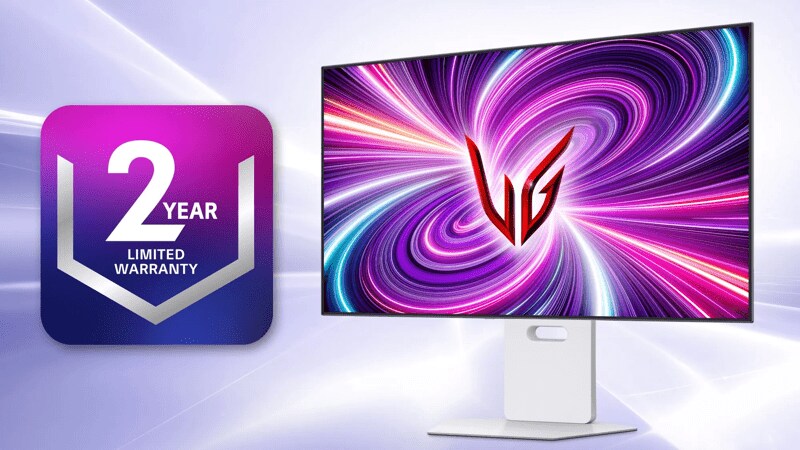 “2 Year Limited Warranty” title badge. An LG UltraGear Monitor appears on a glimmering white background.