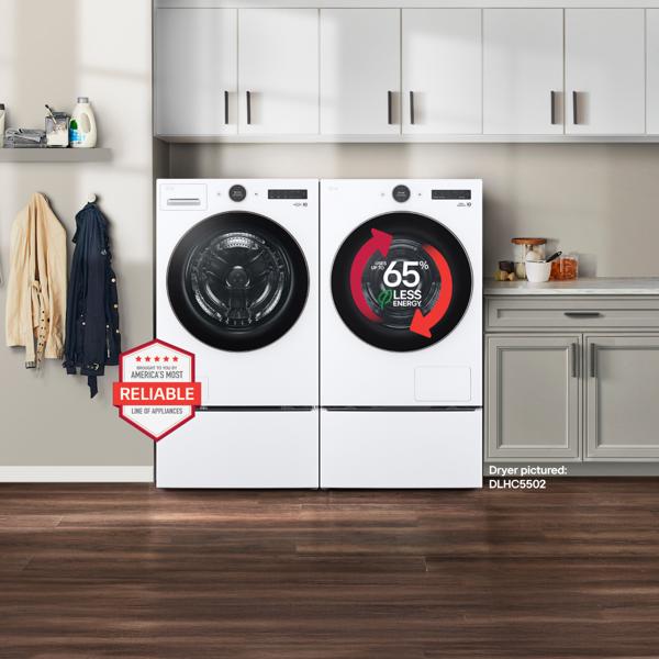 An LG washer and DLHC5502 dryer appear side-by-side in a laundry room setting. On the dryer, a graphic appears reading “Uses up to 65% less energy”. “America’s Most Reliable Line of Home Appliances” badge appears on the bottom left of the scene. “Save $200” pop-out text. 