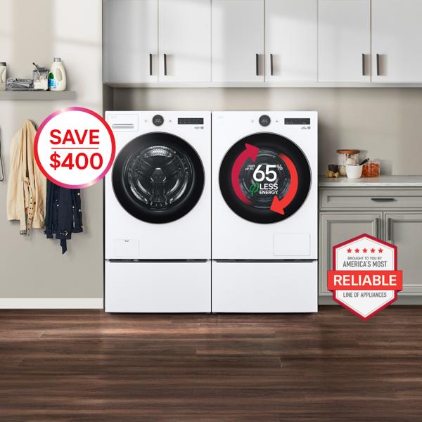 An LG washer and DLHC5502 dryer appear side-by-side in a laundry room setting. On the dryer, a graphic appears reading “Uses up to 65% less energy”. “America’s Most Reliable Line of Home Appliances” badge appears on the bottom left of the scene. “Save $400” pop-out text. 