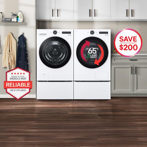 An LG washer and DLHC5502 dryer appear side-by-side in a laundry room setting. On the dryer, a graphic appears reading “Uses up to 65% less energy”. “America’s Most Reliable Line of Home Appliances” badge appears on the bottom left of the scene. “Save $200” pop-out text. 