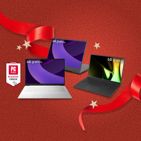 “It’s Gift Season” tag. Various LG laptops and holiday-themed items appear on a gift box collage layout. “2025 PC MAG Readers’ Choice” badge. 