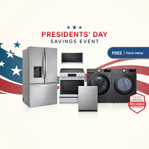 A lineup of LG kitchen and laundry appliances arranged against a patriotic red, white and blue background with stars and sweeping stripes, presented in a clean, promotional style.