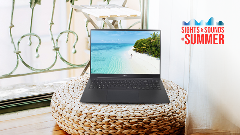 “Sights and Sounds of summer” title badge. A laptop appears beside on a patio setting.