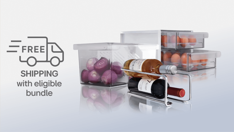 Group shot of LG refrigerator racks, bins and trays in an LG refrigerator. “Free shipping with eligible bundle” text.