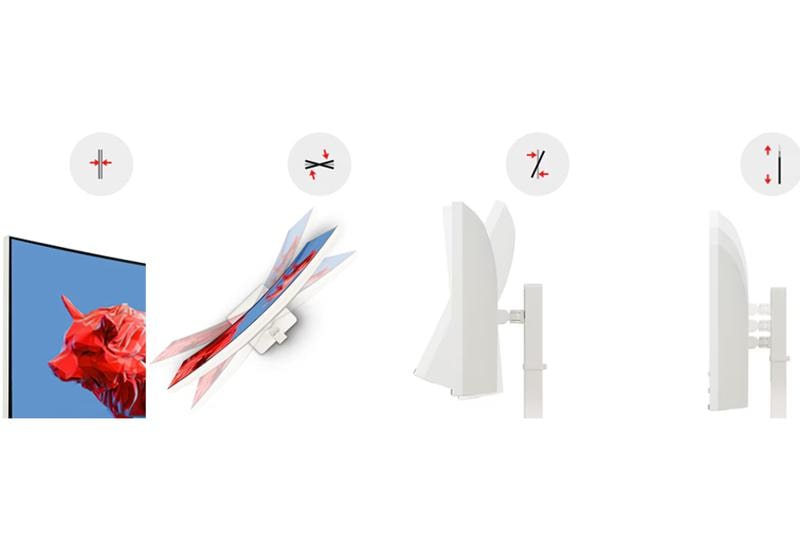 Illustrations of a screen with adjustment indicators showing horizontal, angular, swivel, and vertical adjustments.