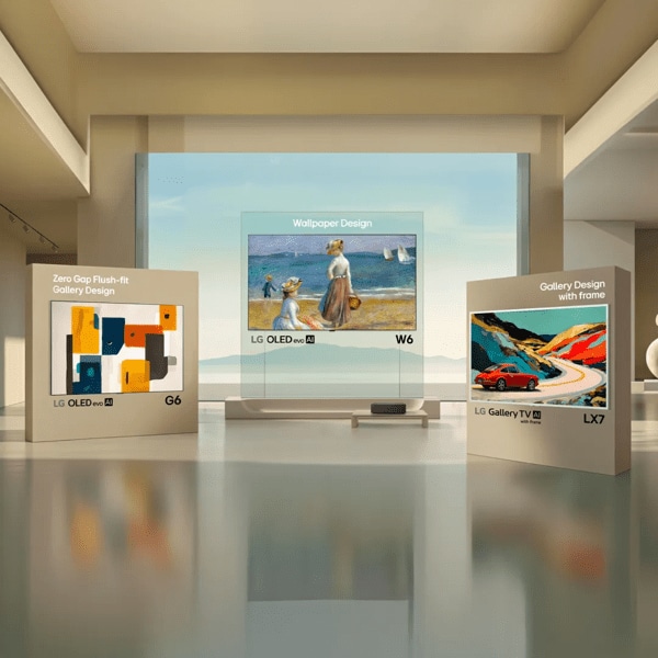 LG OLED evo G6 with Zero Gap Flush-fit, LG OLED evo W6 with Wallpaper Design, and LG Gallery TV AI LX7 with frame, showcased in a sophisticated gallery-like space to emphasize their artistic design and premium aesthetics.