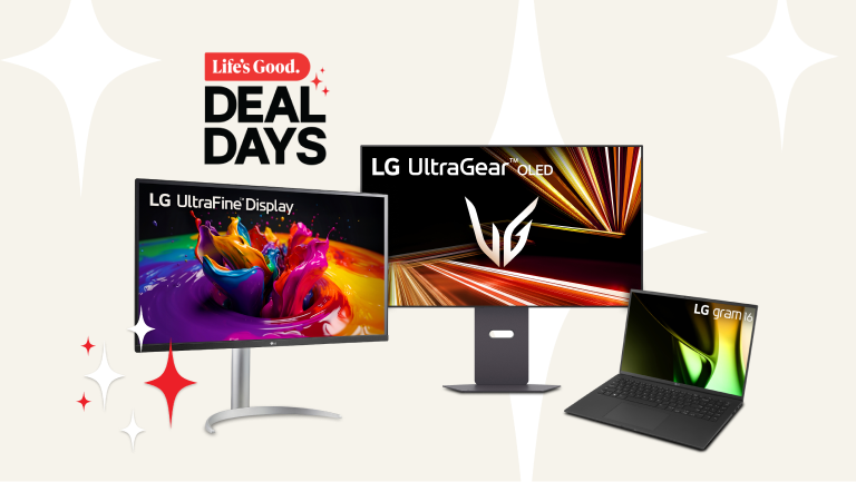 “Life’s Good Deal Days” title badge. A group of LG monitors and laptops appear on a tan background.