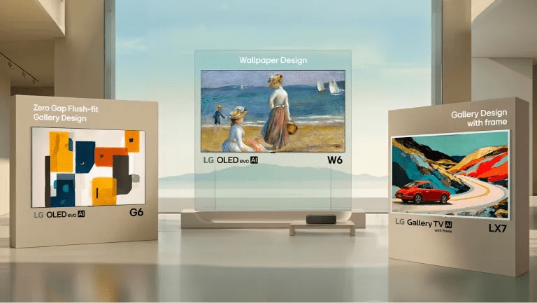 A 2026 LG OLED G6 with text “Zero Gap Flush-Fit Gallery Design”, an OLED W6 with text “Wallpaper Design”, and a Gallery LX7 TV with text “Gallery Design with Frame” appear in a bright museum setting.