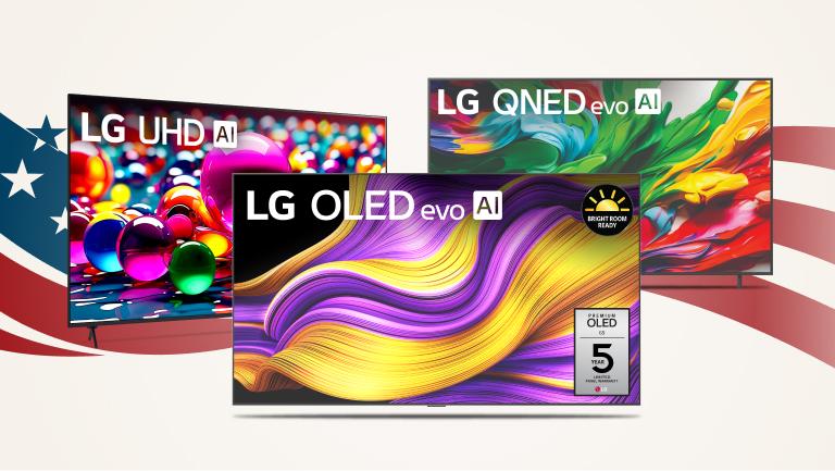 ”Labor Day Savings Event” title badge. A group of LG TVs on a stars and stripes background.