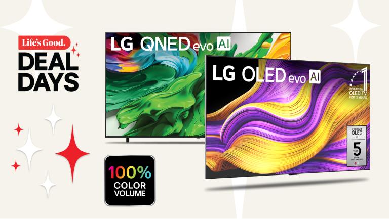“Life’s Good Deal Days” title  badge. An OLED and QNED TV on a white background. “100% color volume” badge.