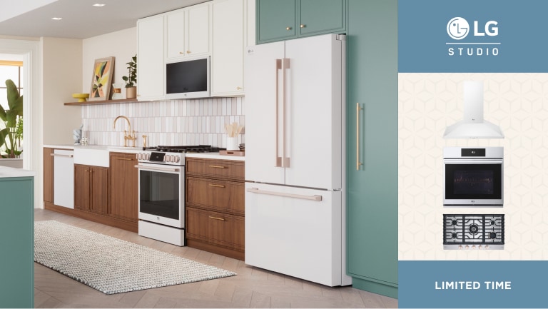 LG STUDIO appliances in a bright kitchen setting. Pop-out of a wall oven, range and hood with text reading “Limited Time” below.